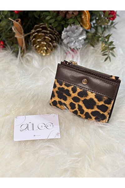 FirstRoseStore Leopar Desenli Kahverengi Deri Kartlıklı Mini Cüzdan