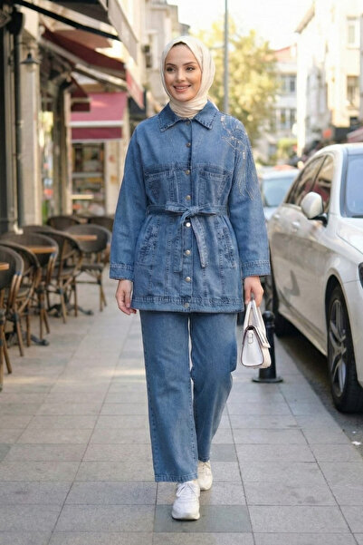 Hb Harma Time Butik Women's Belted Stone Embroidered Denim Blue Two-Piece Set