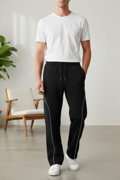 INFLUYENTE Men’s Baggy Sweatpants with Piped Detail Elastic Waist Relaxed Fit Wide Legged Transitional Sweatpants