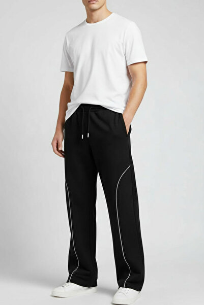 INFLUYENTE Men's Baggy Piped Detail Elastic Waist Comfortable Fit Wide Leg Transitional Sweatpants