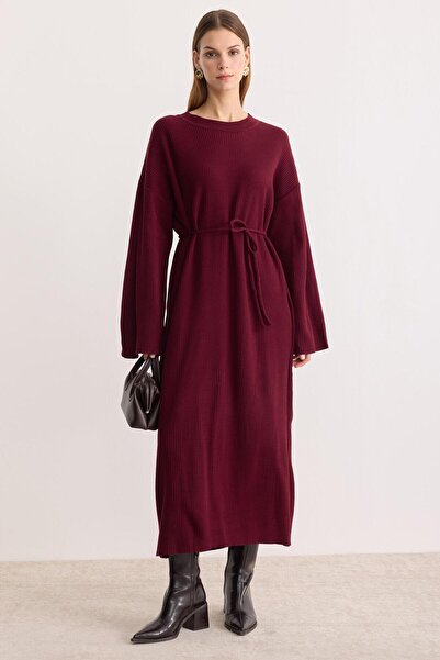ipekton studio Belted Oversized Knitwear Dress Claret Red