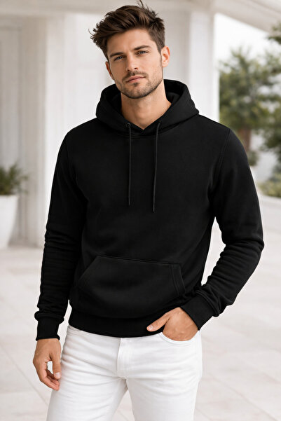 Rich Men's Black Cotton Kangaroo Pocket Hooded Sweatshirt