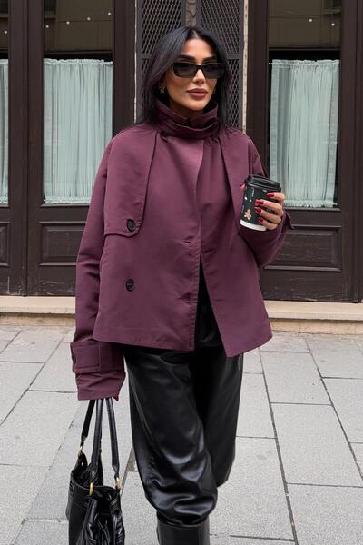 Lijuri Düğme Detaylı Kısa Mürdüm Trenç 7075 R7-C-K3