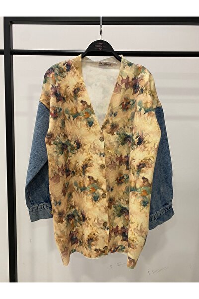 Hatun Atila Long Knit Cardigan with Denim Detail on the Sleeves - 1180