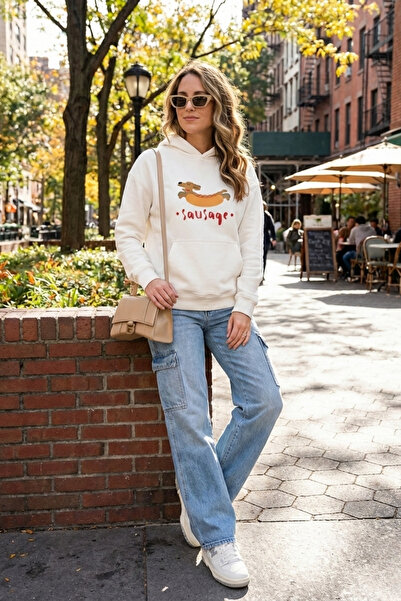 Le'sluette shadow of style Relaxed pentru femei bumbac 100% Karyoka Dikişli cu imprimeu cu glugă Swea tricou