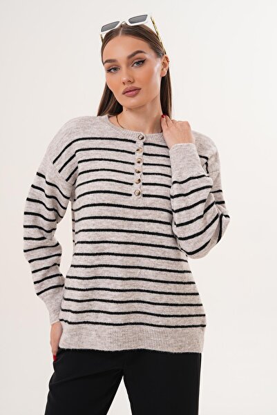 ŞİMAL Tricotaj cu nasturi în dungi pentru femei din material subțire Pulover 255455 -