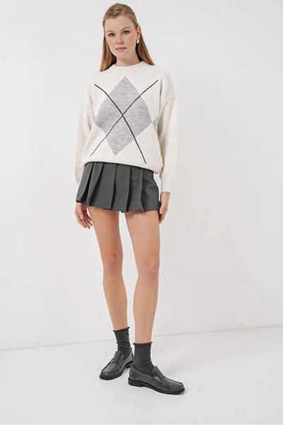 Coşkun GİYİM Women's Plaid Patterned Sweater Ekru 10324