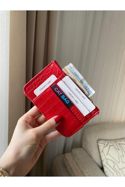 ÇANTA Cat Bag Red Multi-Compartment Zippered Card Holder