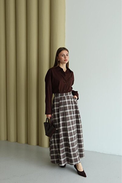 RUVA BUTİK PİLE DETAYLI EKOSE DESENLİ ETEK