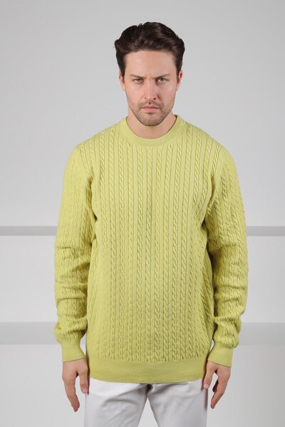 Ferraro Light Green Crew Neck Embossed Hair Knit Patterned 100% Lamb Wool Men's Knitwear Sweater