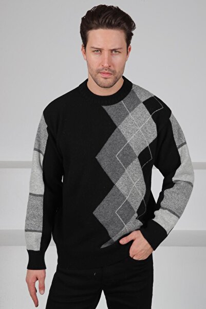 Ferraro Black/Smoked Crew Neck Diagonal Patterned 100% Lamb Wool Men's Knitwear Sweater