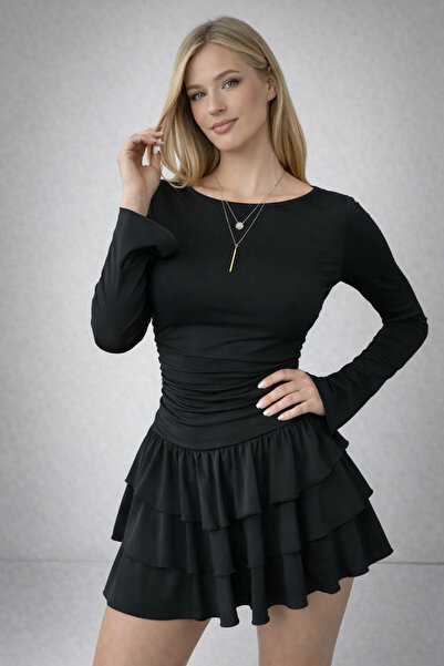 ESPOİRPLUS Black Color Skirt with Layered Flounces Mini Dress