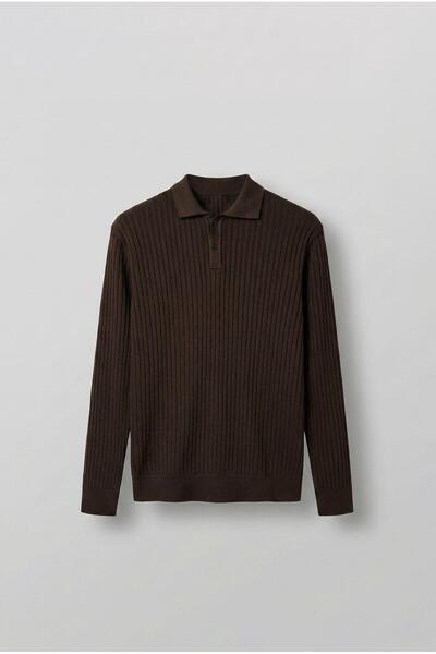 ablukaonline Men's Slim Fit Polo Neck Corded Fabric Knitted Sweater Brown
