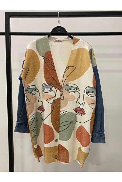 Hatun Atila Long Knit Cardigan with Denim Detail on the Sleeves - 1180