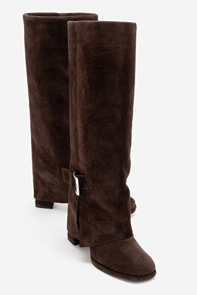 LuviShoes LOJO Kahverengi Süet Hakiki Deri Tokalı Kadın Kalın Topuklu Çizme