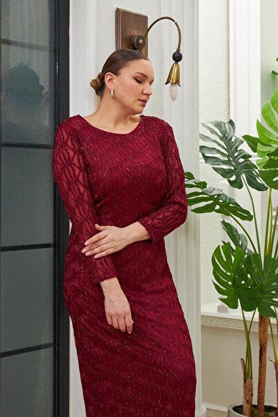 RMG Plus Size Burgundy Evening Dress with Back Bead Detail