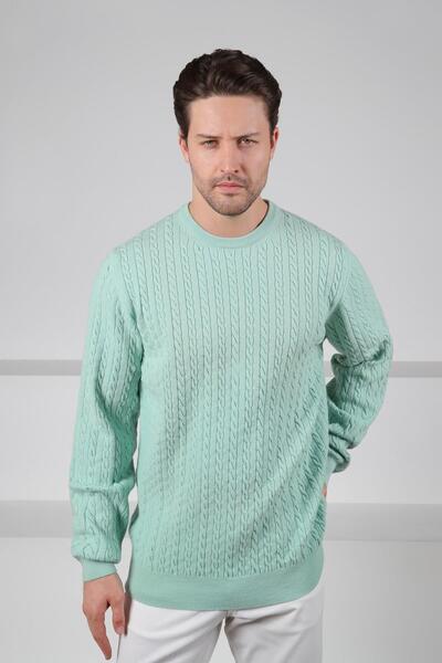 Ferraro Mint Green Crew Neck Embossed Hair Knit Patterned 100% Lamb Wool Men's Knitwear Sweater