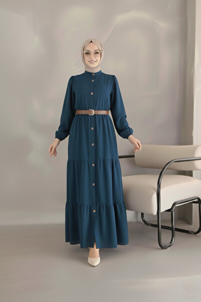 ISTANBUL STYLES Elegant Buttoned Belted Maxi Hijab Dress - New Season Petrol Blue