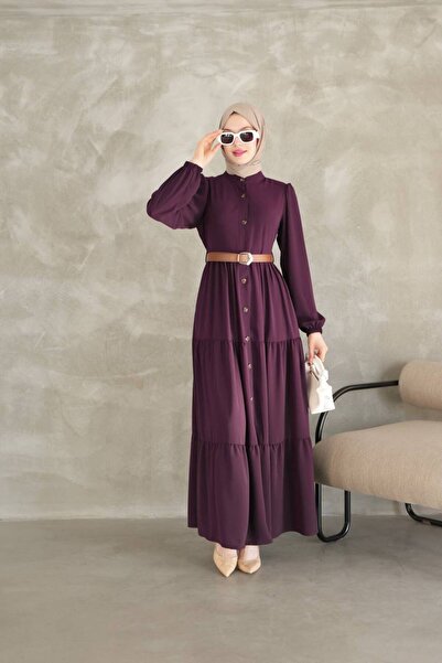 ISTANBUL STYLES Elegant Buttoned Belted Maxi Hijab Dress - New Season Purple