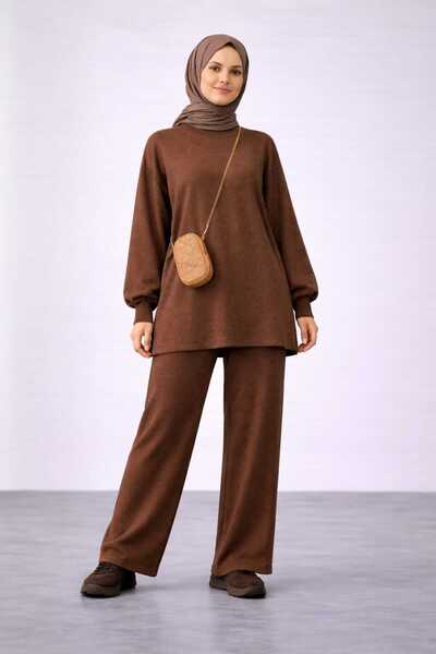 LUVON Brown Balloon Sleeve Wide Leg Bottom Top Women's Knitwear Hijab Set