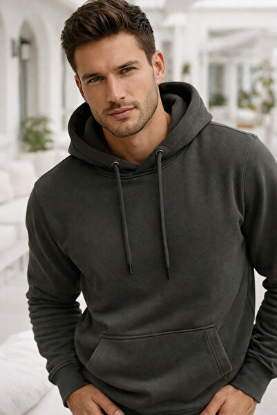 Rich Men's Anthracite Cotton Kangaroo Pocket Hooded Sweatshirt