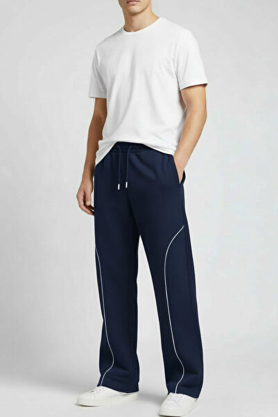 INFLUYENTE Men's Baggy Piped Detail Elastic Waist Comfortable Fit Wide Leg Transitional Sweatpants