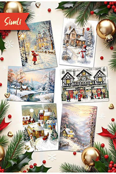 Mia Pera 6lı Simli Yılbaşı Kartpostal Seti Yeniyıl Manzara Kardan Adam Nostalji