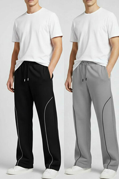 INFLUYENTE Men's Baggy Piped Detail Elastic Waist Comfortable Fit Wide Leg Transitional Sweatpants