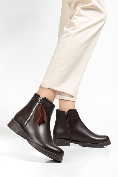 Budi 165-205 Brown Leaf Patterned Zippered Casual Women's Boots