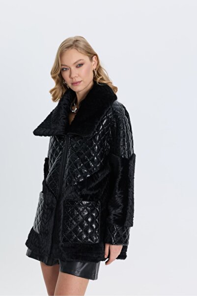 roibyardaözmen Quilted Coat with Patent Leather and Plush Detailing
