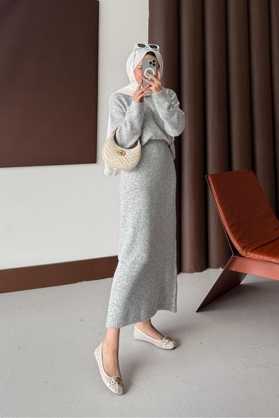 Rimel Moda Diaz Angora Textured Skirt Set Gray