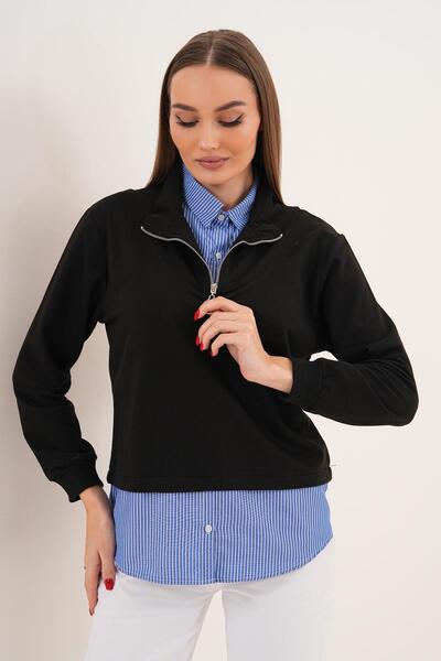 ŞİMAL Women's Striped Shirt Collar Zipper Detailed Sweatshirt 255452 -