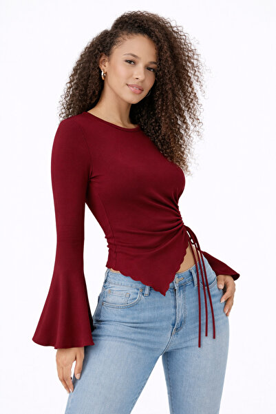 ESPOİRPLUS Bordo Round Neck Drape Detail Spanish Sleeve Hijab Matching Top Blouse