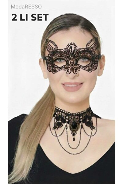 ModaRESSO 2'li Siyah Dantel Vintage Kolye & Siyah Dantel Yüz Maske - Cosplay ...