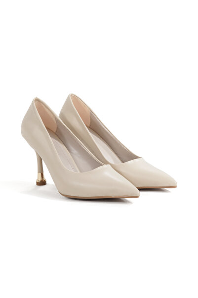 Rella Altın Topuk Detaylı Şık Rahat Kalıp Bej Rengi Cilt Kadın Sivri Burun St...