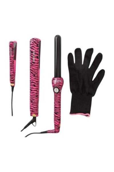 Jose Eber مجموعة 3 في 1 لتمليس وتجعيد الشعر من جوزي إيبر - مقاس 19 | لون وردي بنقشة جلد الحمار الوحشي