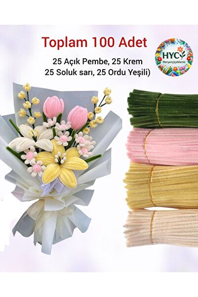 hyc heryerçiçeklenir 100 Adet Pastel Tonlarda Şönil Buket Kiti | Tüylü Tel Çiçek Yapım Seti