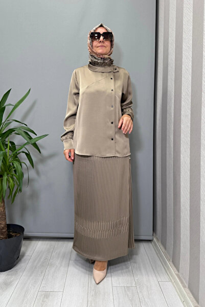 MissWhence Satin Pleated Skirt Set Mink 38015