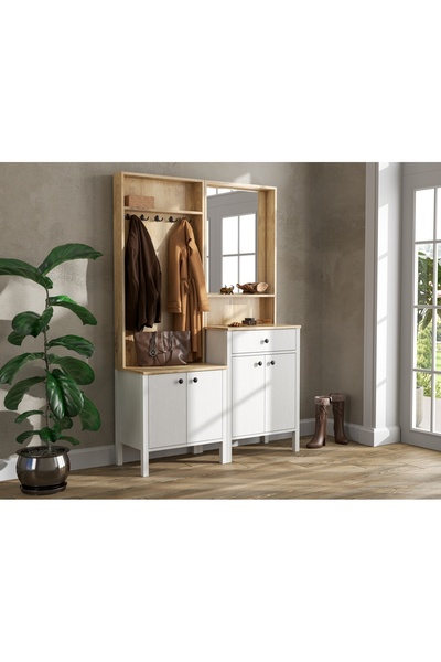 Sakura Ahşap Hunerika Helen set-12 Ayakkabılık-portmanto takımı-Wood Beyaz-Mi...