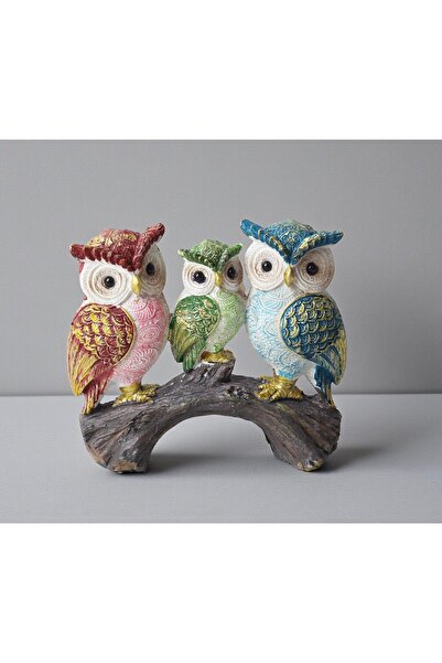ELSELİFE Lüks İşlemeli Üçlü Baykuş Aile Heykeli Renkli Dal Üzerinde Dekoratif...