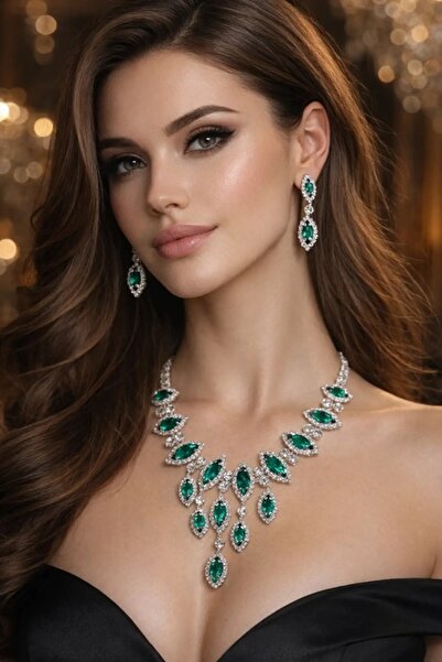 BirYıldızOl Waferfall Milano Gümüş Kaplama Kristal Taşlı Zirkon Takı Seti Abi...