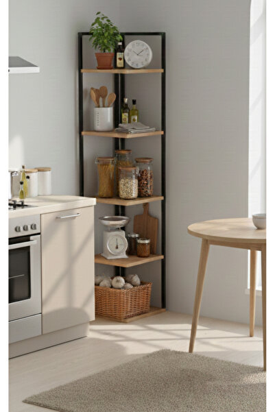 AYZ Ela 5 Raflı Metal Köşe Kitaplık Rafı Dekoratif Aksesuar Rafı 180 cm Çam