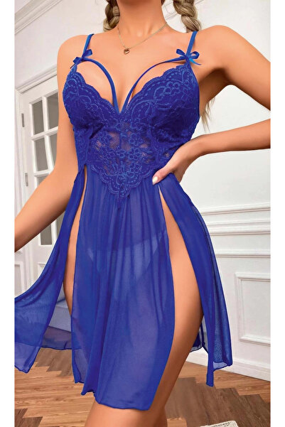 Çamaşır Kenti Kadın Saks Mavisi Fantazi Gecelik Tül Göğüs Dantel Dekolteli Fi...