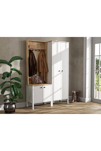 Sakura Ahşap Hunerika Helen set-11 Ayakkabılık-portmanto takımı-Wood Beyaz-Mi...