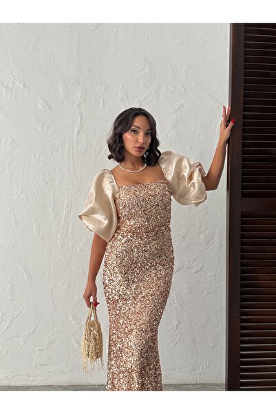 Housebutik PAYETLİ BALIK MODEL SATEN BALON KOL ABİYE