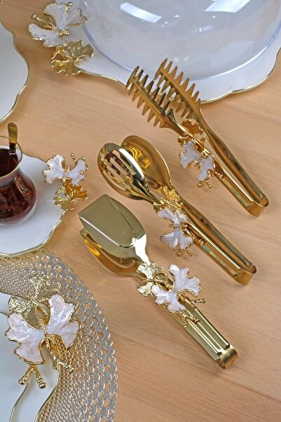 Glore P05-012-Krem Kelebek Gold 3-Piece Tongs Set