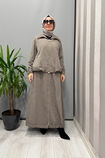 MissWhence Zipper Detailed Taffeta Jacket Skirt Set Mink 38216