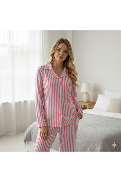 Store 100% Soft Thin Suede Pink Striped Women's Pajama Set - Premium Comfort