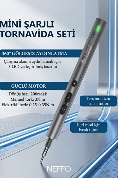NEFFO Mini Şarjlı Tornavida Seti 3 LED Işıklı 200 Devir Elektrikli Hassas Tor...