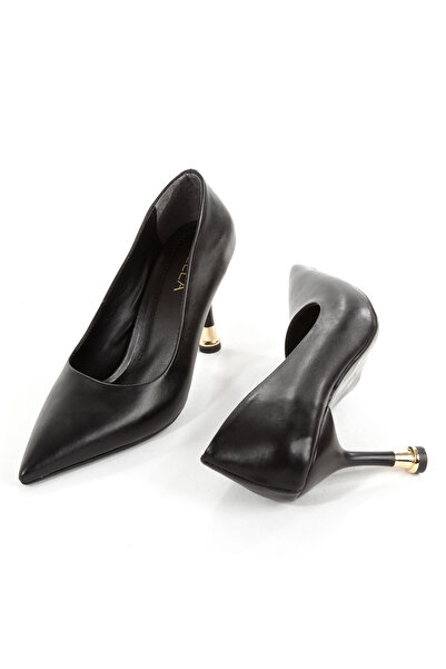 Rella Altın Topuk Detaylı Şık Rahat Kalıp Siyah Cilt Kadın Sivri Burun Stiletto